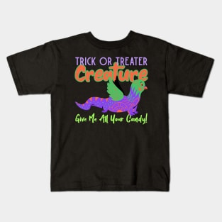 ”Trick Or Treater Creature- Give Me All Your Candy!” Colorful Creature With Wings Kids T-Shirt